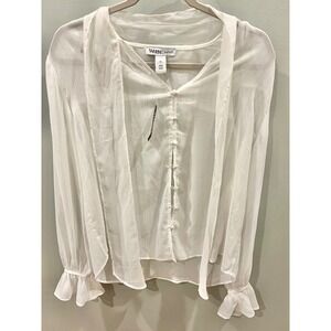 White House Black Market Women's Tie Neck Blouse White Sheer Shimmer Size: M